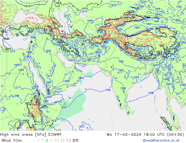 High wind areas ECMWF lun 17.06.2024 18 UTC