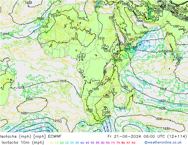 Isotachs (mph) ECMWF ven 21.06.2024 06 UTC