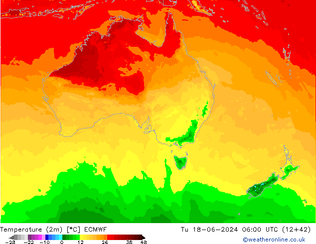 mapa temperatury (2m) ECMWF wto. 18.06.2024 06 UTC