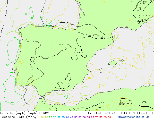 Isotachs (mph) ECMWF Fr 21.06.2024 00 UTC
