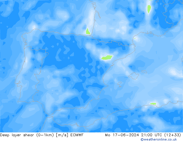 Deep layer shear (0-1km) ECMWF Mo 17.06.2024 21 UTC