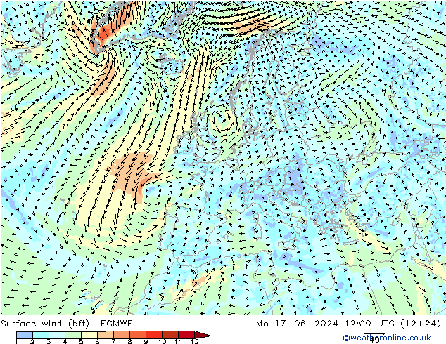 Rüzgar 10 m (bft) ECMWF Pzt 17.06.2024 12 UTC