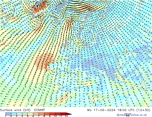 Surface wind (bft) ECMWF Mo 17.06.2024 18 UTC