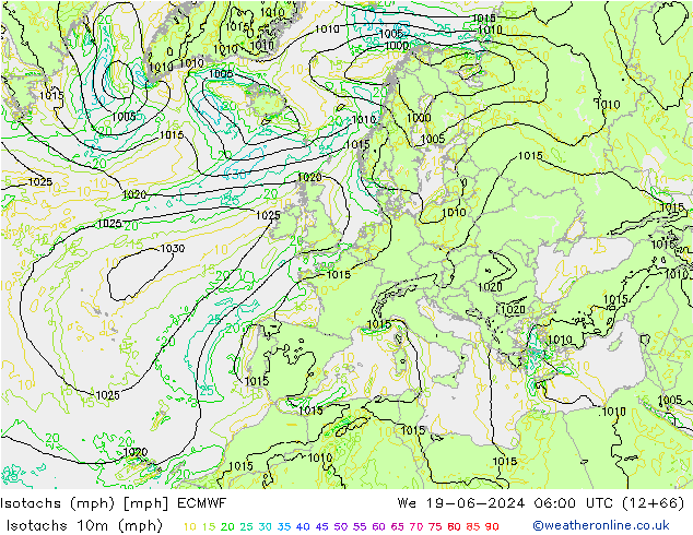 Isotachs (mph) ECMWF We 19.06.2024 06 UTC