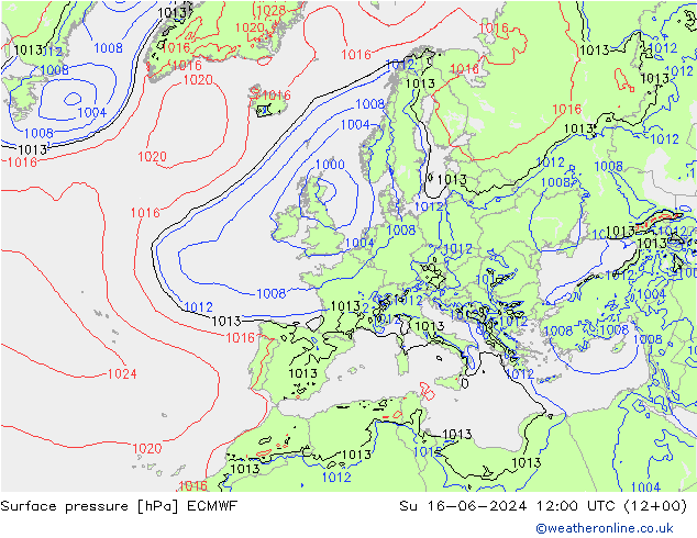Presión superficial ECMWF dom 16.06.2024 12 UTC