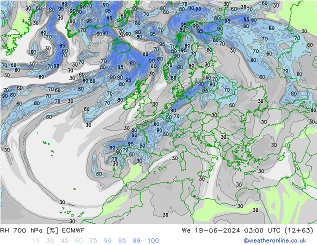 Humidité rel. 700 hPa ECMWF mer 19.06.2024 03 UTC
