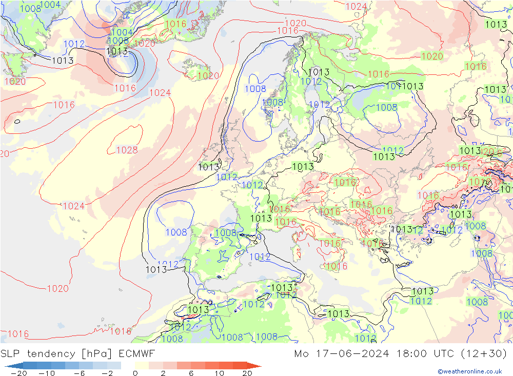 Drucktendenz ECMWF Mo 17.06.2024 18 UTC