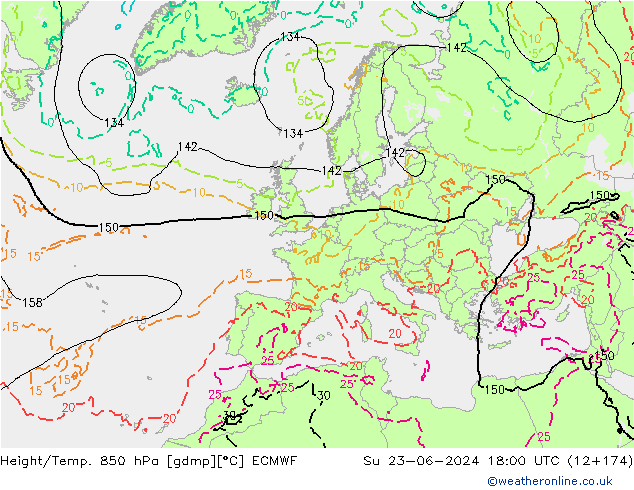 Height/Temp. 850 hPa ECMWF So 23.06.2024 18 UTC
