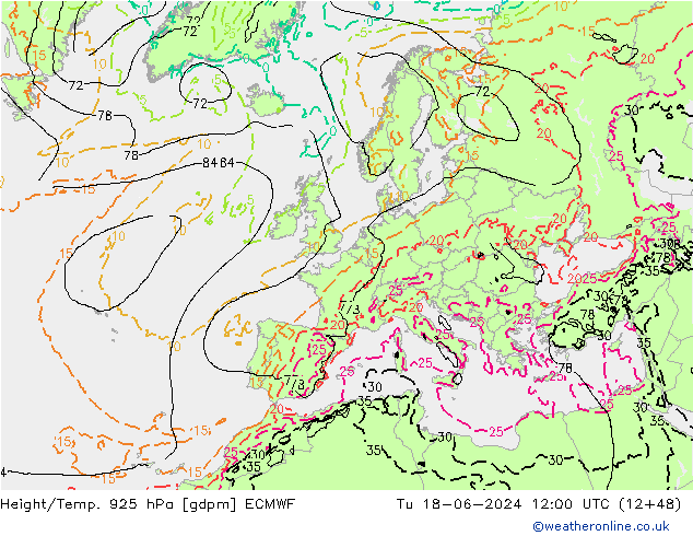Height/Temp. 925 hPa ECMWF Tu 18.06.2024 12 UTC