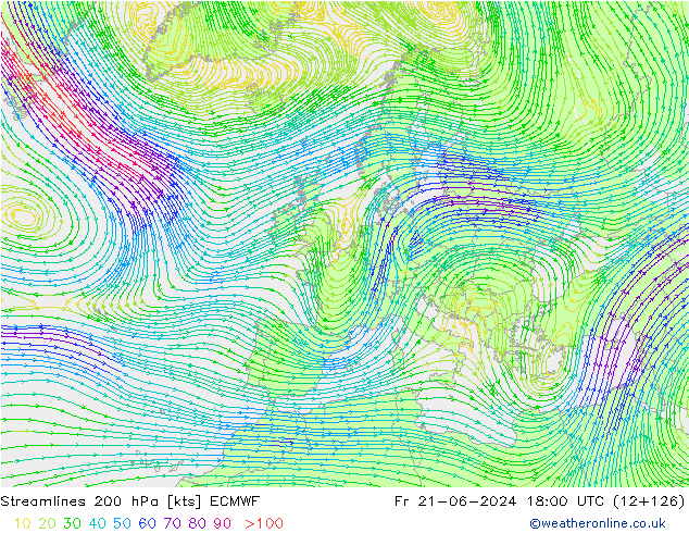 Linea di flusso 200 hPa ECMWF ven 21.06.2024 18 UTC