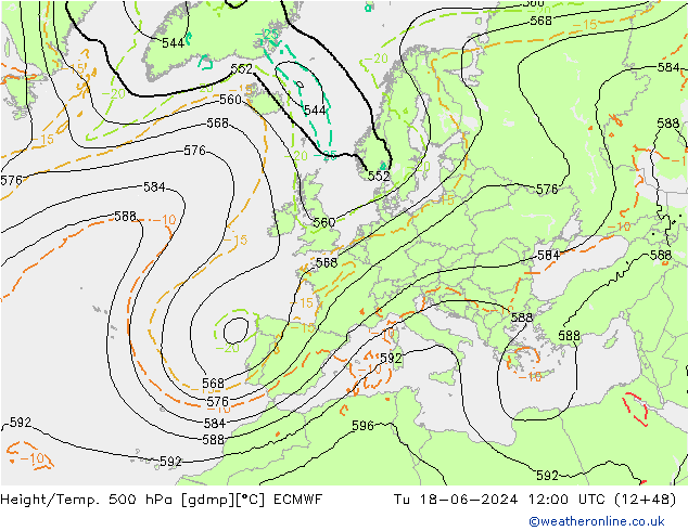 Z500/Rain (+SLP)/Z850 ECMWF Út 18.06.2024 12 UTC