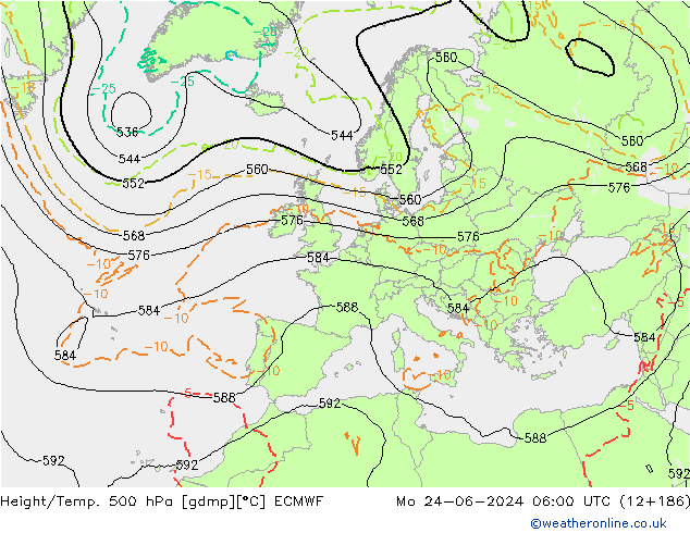 Z500/Rain (+SLP)/Z850 ECMWF pon. 24.06.2024 06 UTC