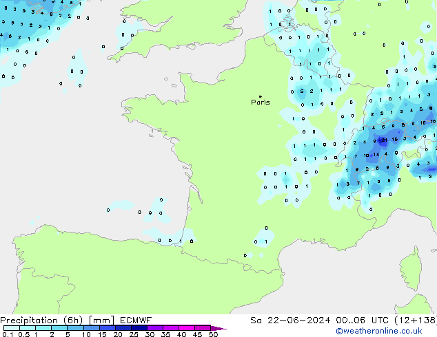 Precipitation (6h) ECMWF Sa 22.06.2024 06 UTC