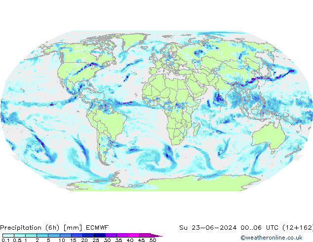 Totale neerslag (6h) ECMWF zo 23.06.2024 06 UTC
