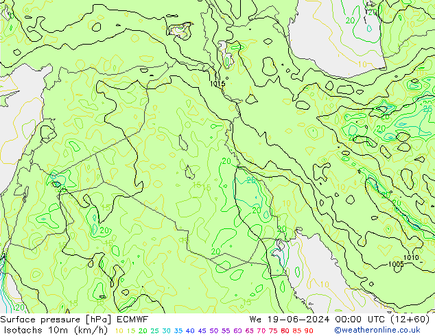 Isotachen (km/h) ECMWF Mi 19.06.2024 00 UTC