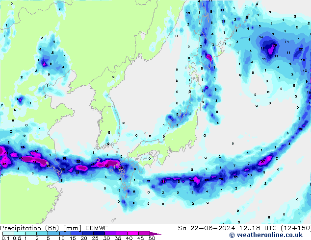 Precipitación (6h) ECMWF sáb 22.06.2024 18 UTC