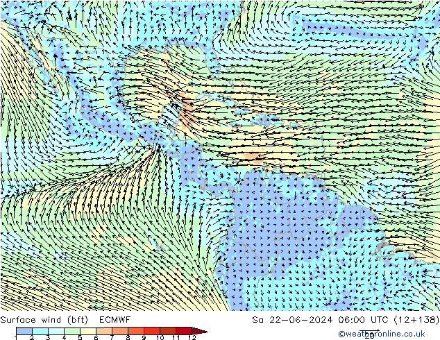 Wind 10 m (bft) ECMWF za 22.06.2024 06 UTC