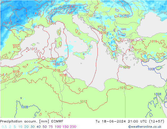 Precipitation accum. ECMWF Út 18.06.2024 21 UTC