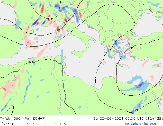 T-Adv. 500 гПа ECMWF сб 22.06.2024 06 UTC