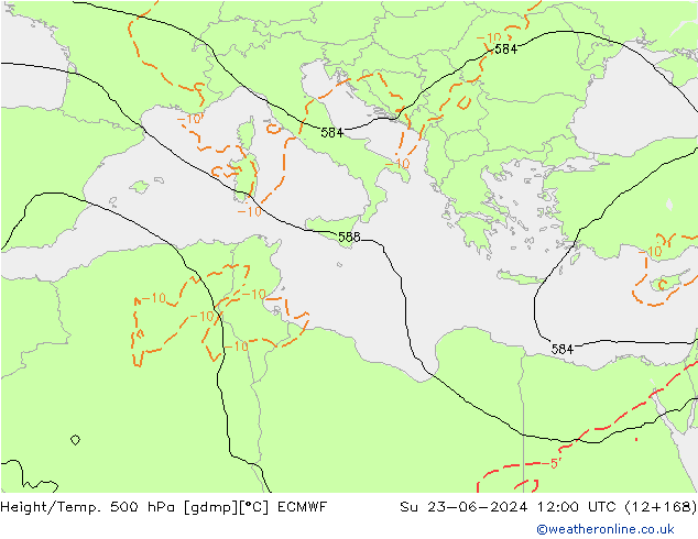 Hoogte/Temp. 500 hPa ECMWF zo 23.06.2024 12 UTC