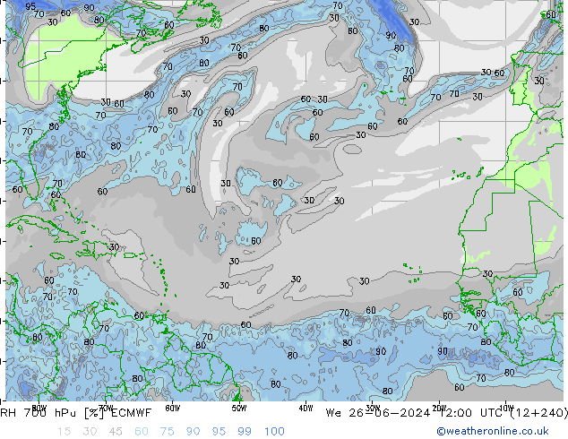 Humidité rel. 700 hPa ECMWF mer 26.06.2024 12 UTC