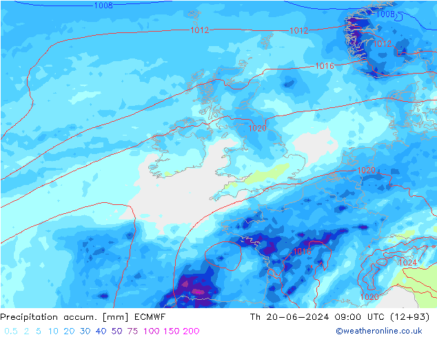 Precipitation accum. ECMWF Čt 20.06.2024 09 UTC