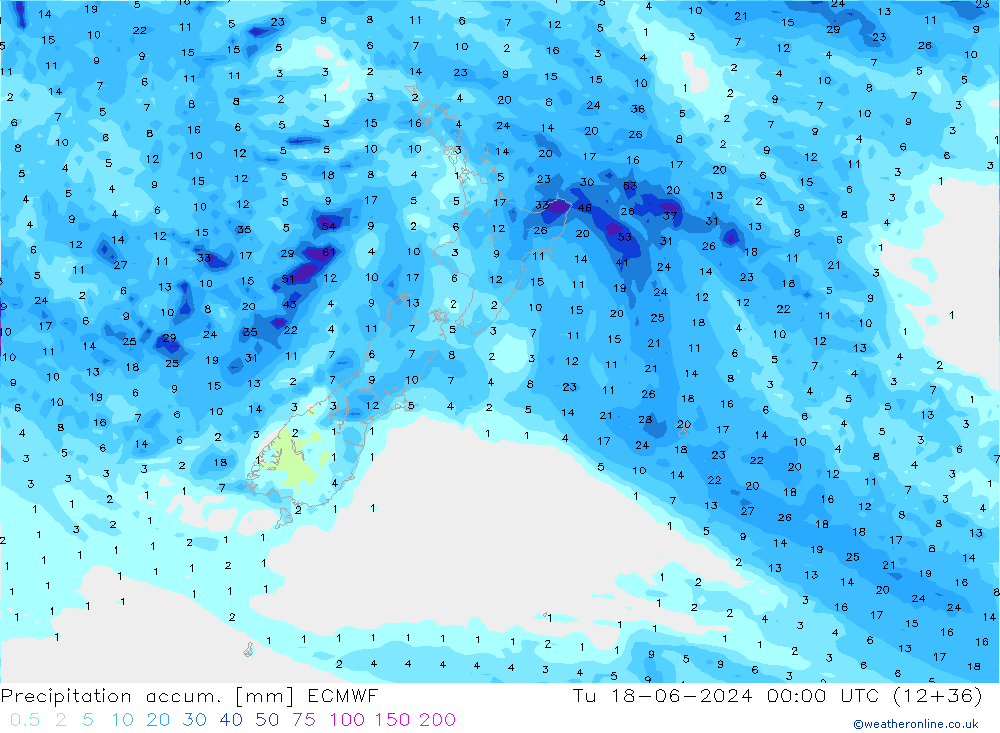 Precipitation accum. ECMWF Tu 18.06.2024 00 UTC