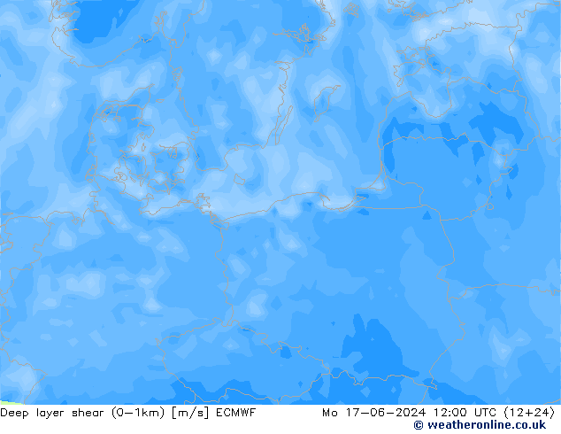 Deep layer shear (0-1km) ECMWF pon. 17.06.2024 12 UTC