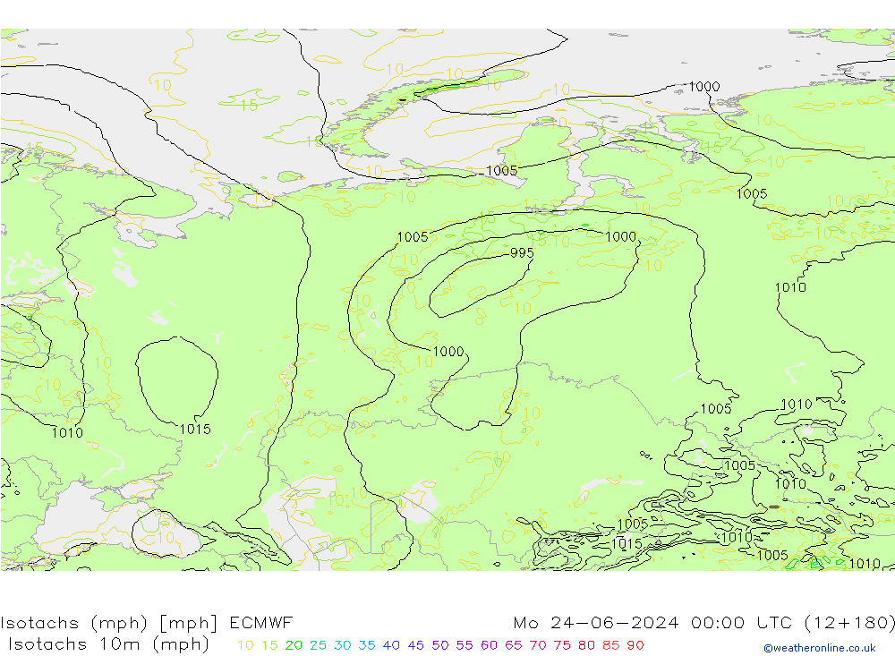 Isotachs (mph) ECMWF lun 24.06.2024 00 UTC
