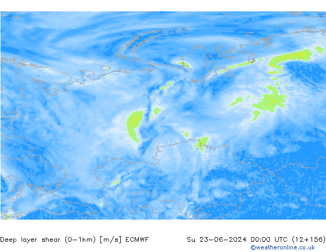 Deep layer shear (0-1km) ECMWF nie. 23.06.2024 00 UTC