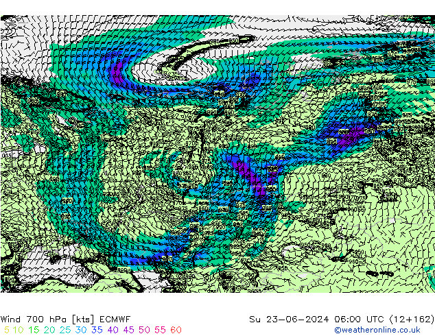 wiatr 700 hPa ECMWF nie. 23.06.2024 06 UTC