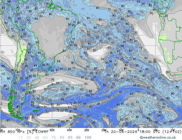 Humidité rel. 850 hPa ECMWF jeu 20.06.2024 18 UTC