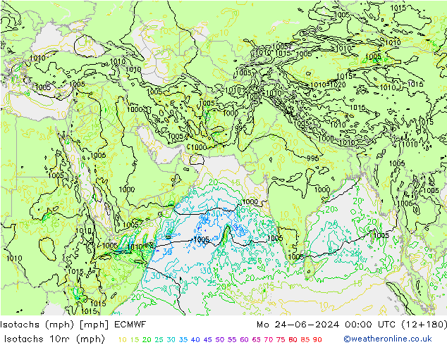 Isotachs (mph) ECMWF Mo 24.06.2024 00 UTC
