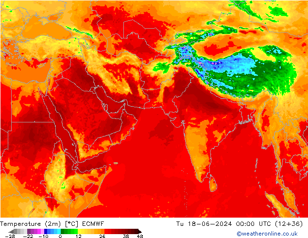 Temperature (2m) ECMWF Tu 18.06.2024 00 UTC