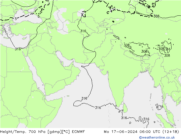 Height/Temp. 700 hPa ECMWF Mo 17.06.2024 06 UTC