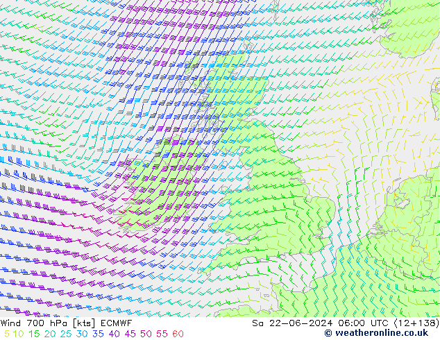 Wind 700 hPa ECMWF za 22.06.2024 06 UTC