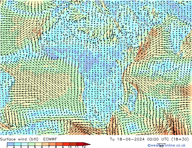 Surface wind (bft) ECMWF Tu 18.06.2024 00 UTC