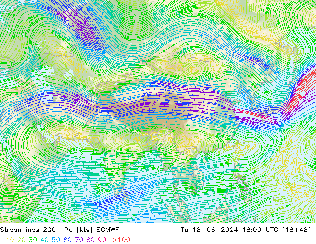 ветер 200 гПа ECMWF вт 18.06.2024 18 UTC