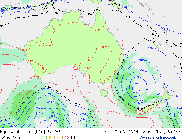 High wind areas ECMWF Mo 17.06.2024 18 UTC