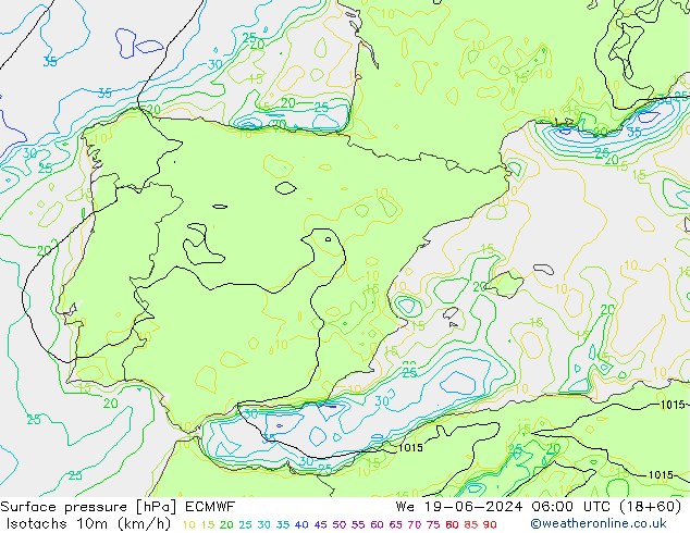 Isotaca (kph) ECMWF mié 19.06.2024 06 UTC