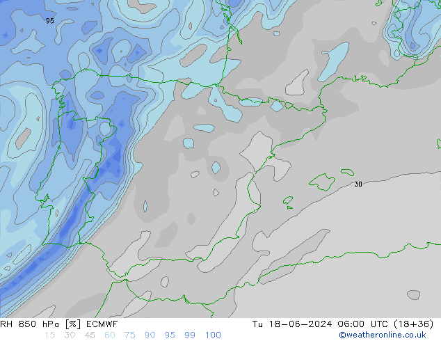 Humidité rel. 850 hPa ECMWF mar 18.06.2024 06 UTC
