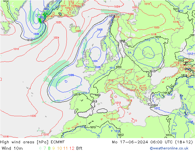 High wind areas ECMWF пн 17.06.2024 06 UTC