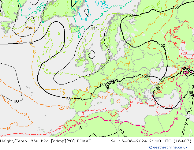 Height/Temp. 850 гПа ECMWF Вс 16.06.2024 21 UTC