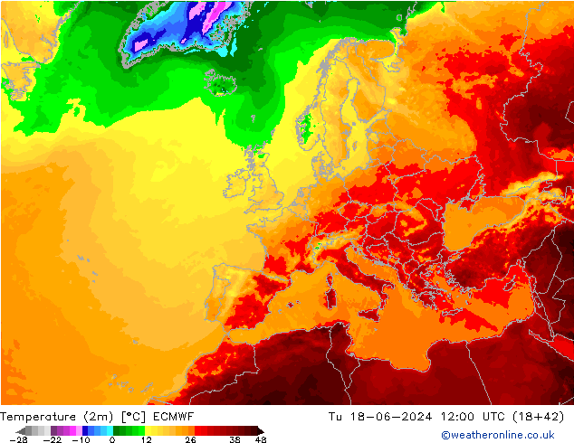 température (2m) ECMWF mar 18.06.2024 12 UTC