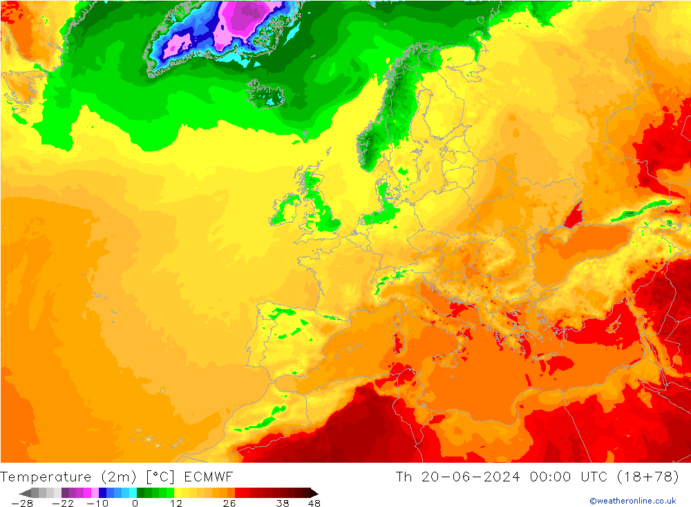 Temperatuurkaart (2m) ECMWF do 20.06.2024 00 UTC