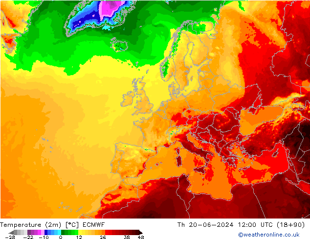 Temperatuurkaart (2m) ECMWF do 20.06.2024 12 UTC
