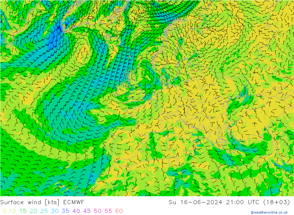 风 10 米 ECMWF 星期日 16.06.2024 21 UTC