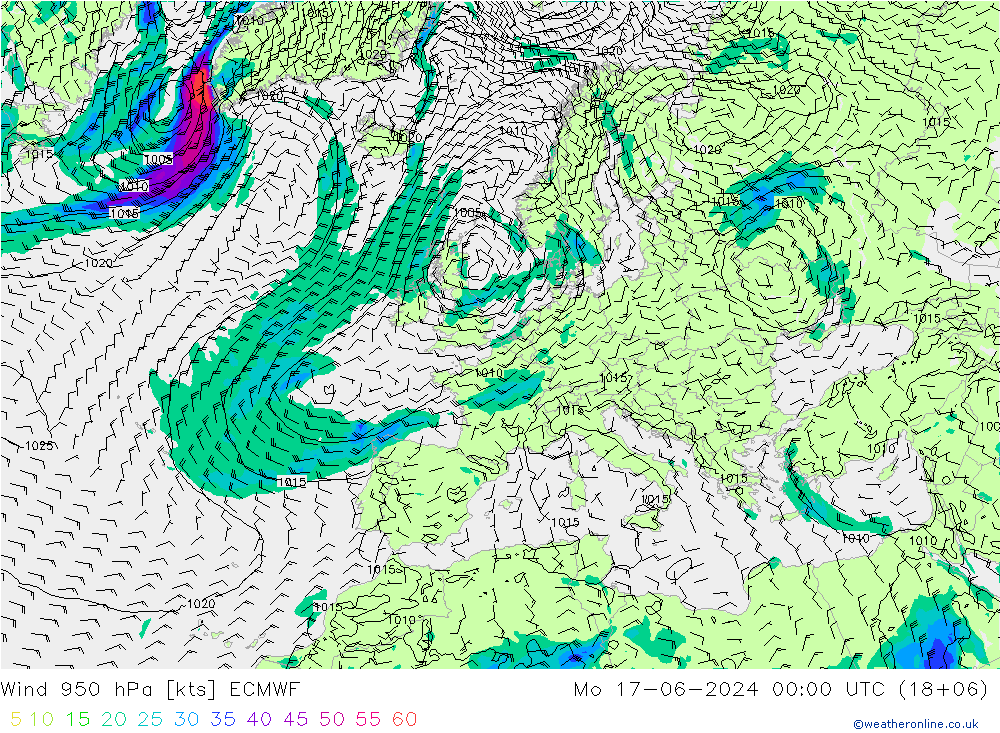 Rüzgar 950 hPa ECMWF Pzt 17.06.2024 00 UTC
