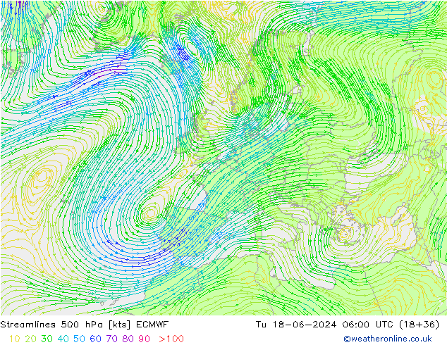 Línea de corriente 500 hPa ECMWF mar 18.06.2024 06 UTC
