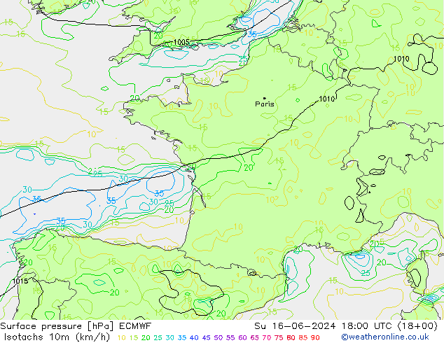 Isotachs (kph) ECMWF Su 16.06.2024 18 UTC